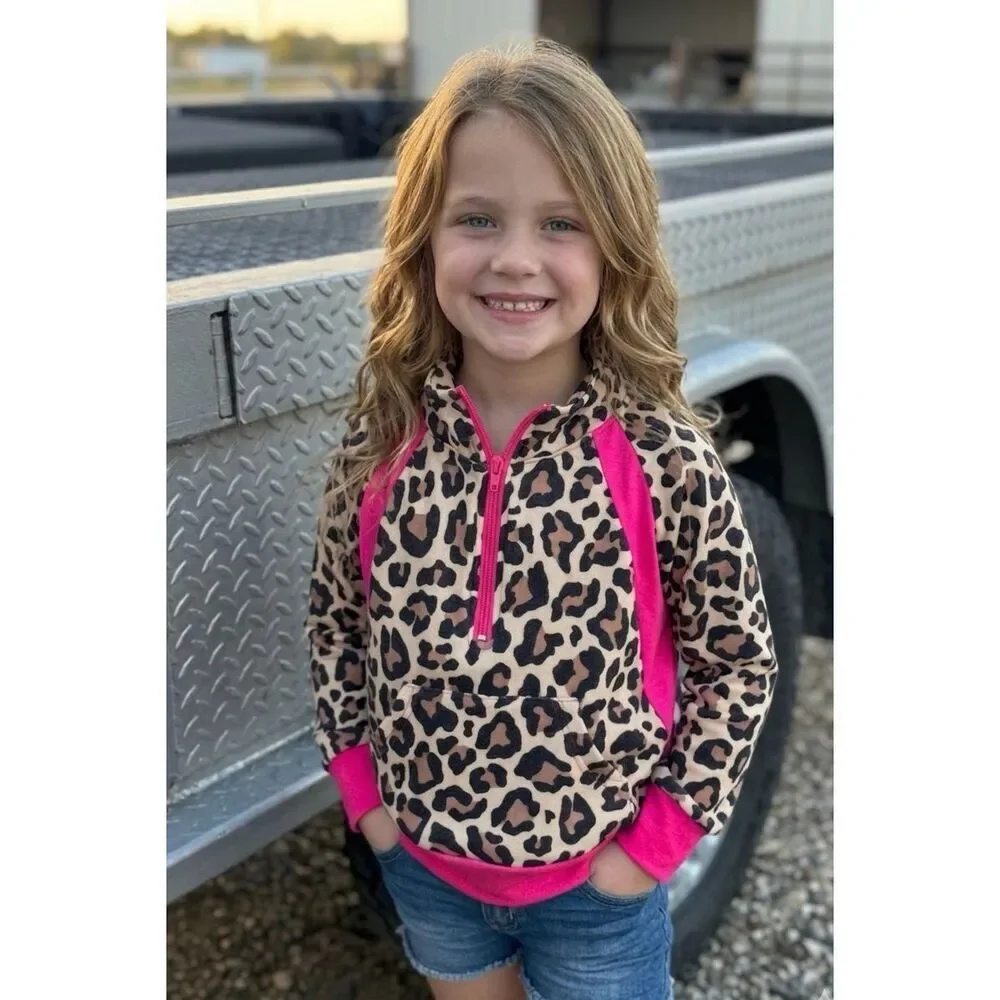 Girls Western Leopard Print Fleece Pullover Pink Trim 1/4 Zip Hoodie Casual New